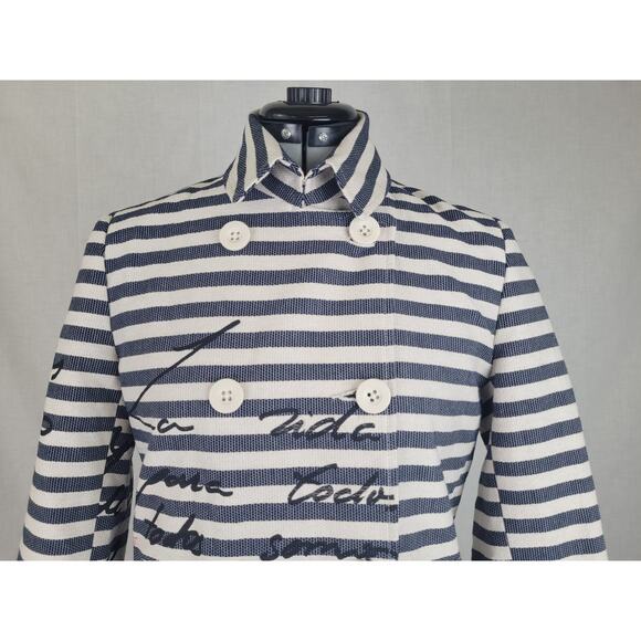 Desigual Mencia Blue & White Striped Double Breasted Blazer Floral Print Sz 38 - Picture 4 of 12